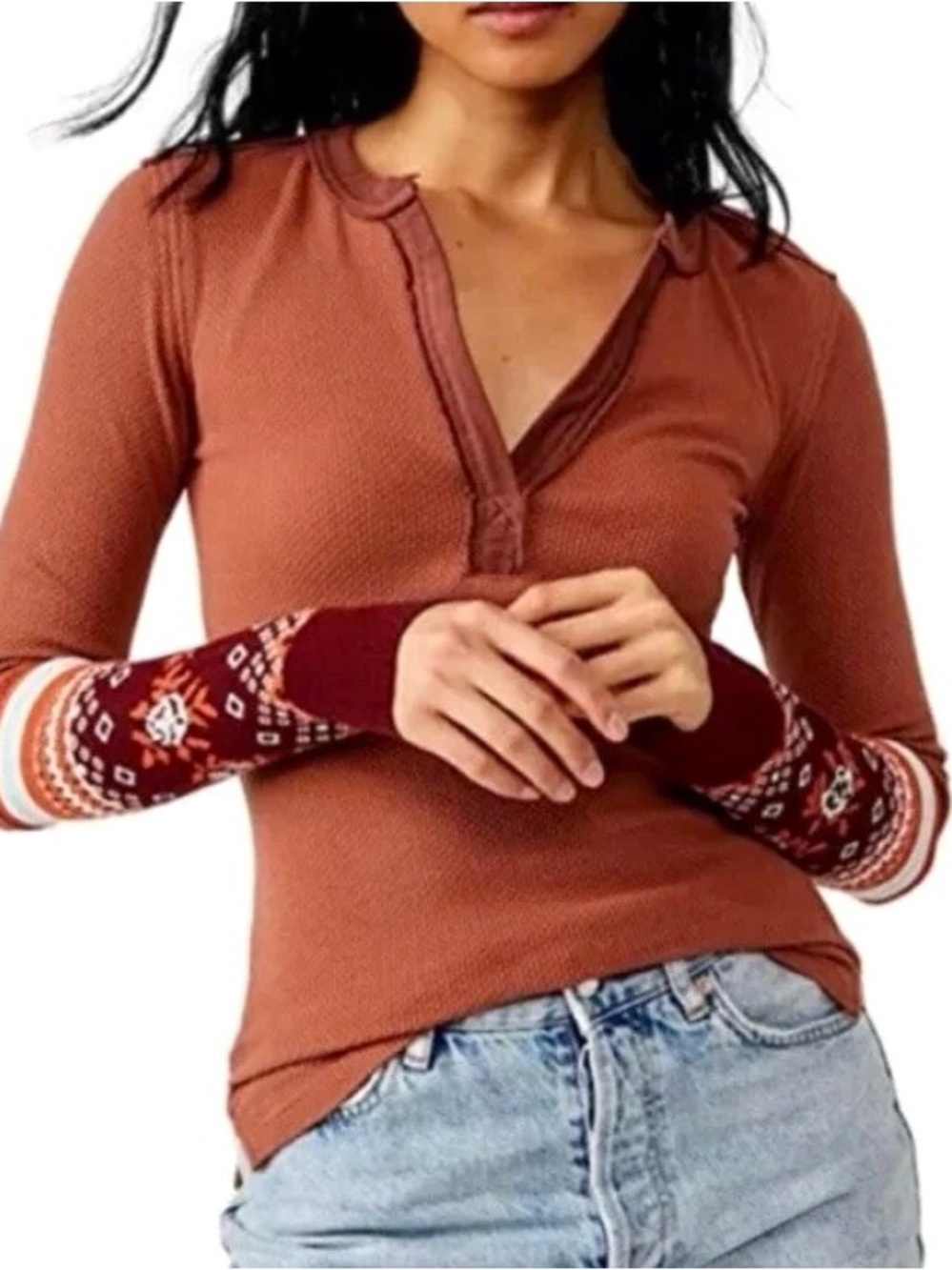 NWT Free People Fair Isle Thermal Henley Boho Top